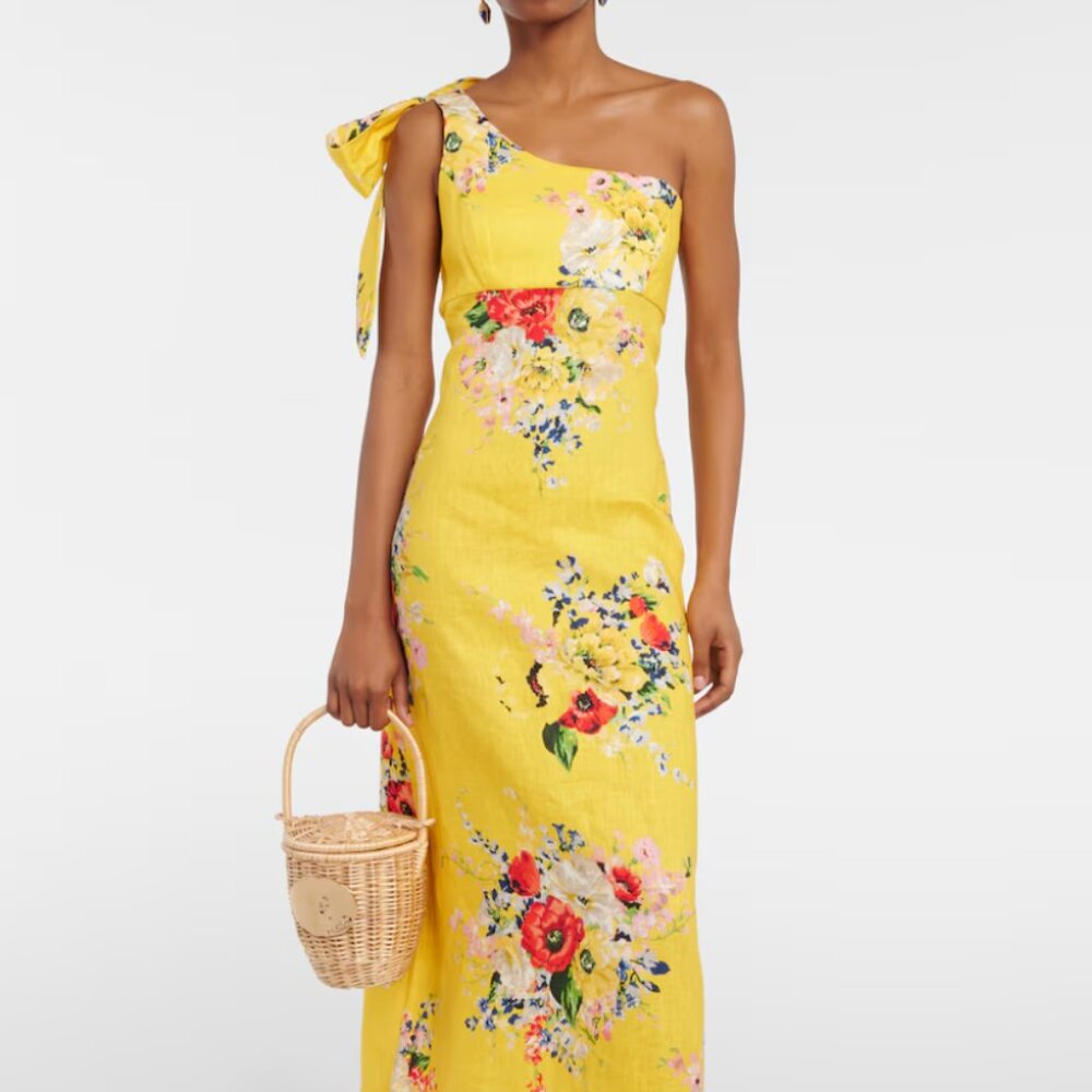 Zimmermann One-shoulder floral linen midi dress